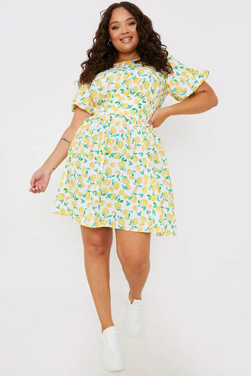 Round Neck Shirred Waist Lemon Smock Dress